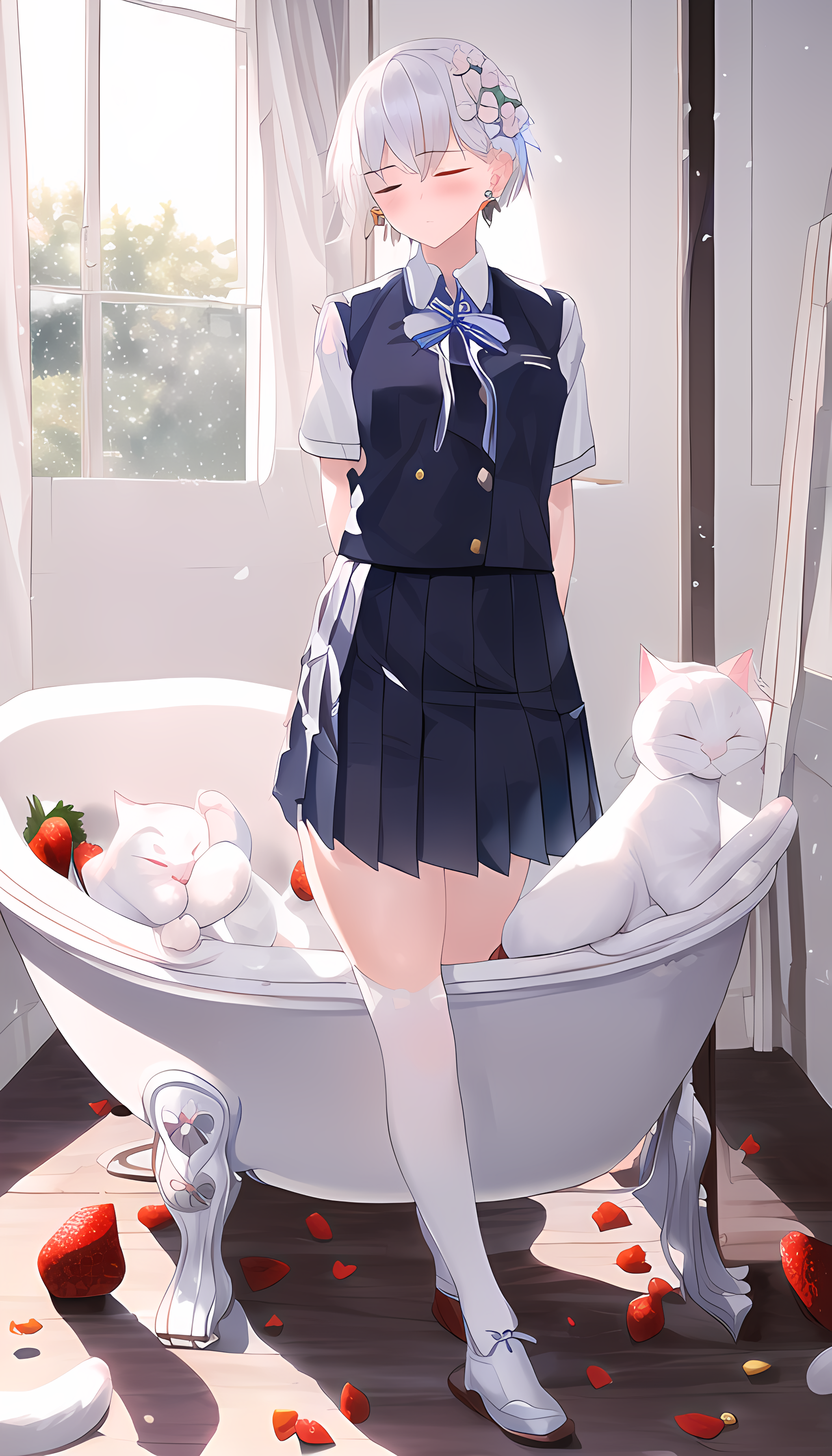 女孩浴缸猫