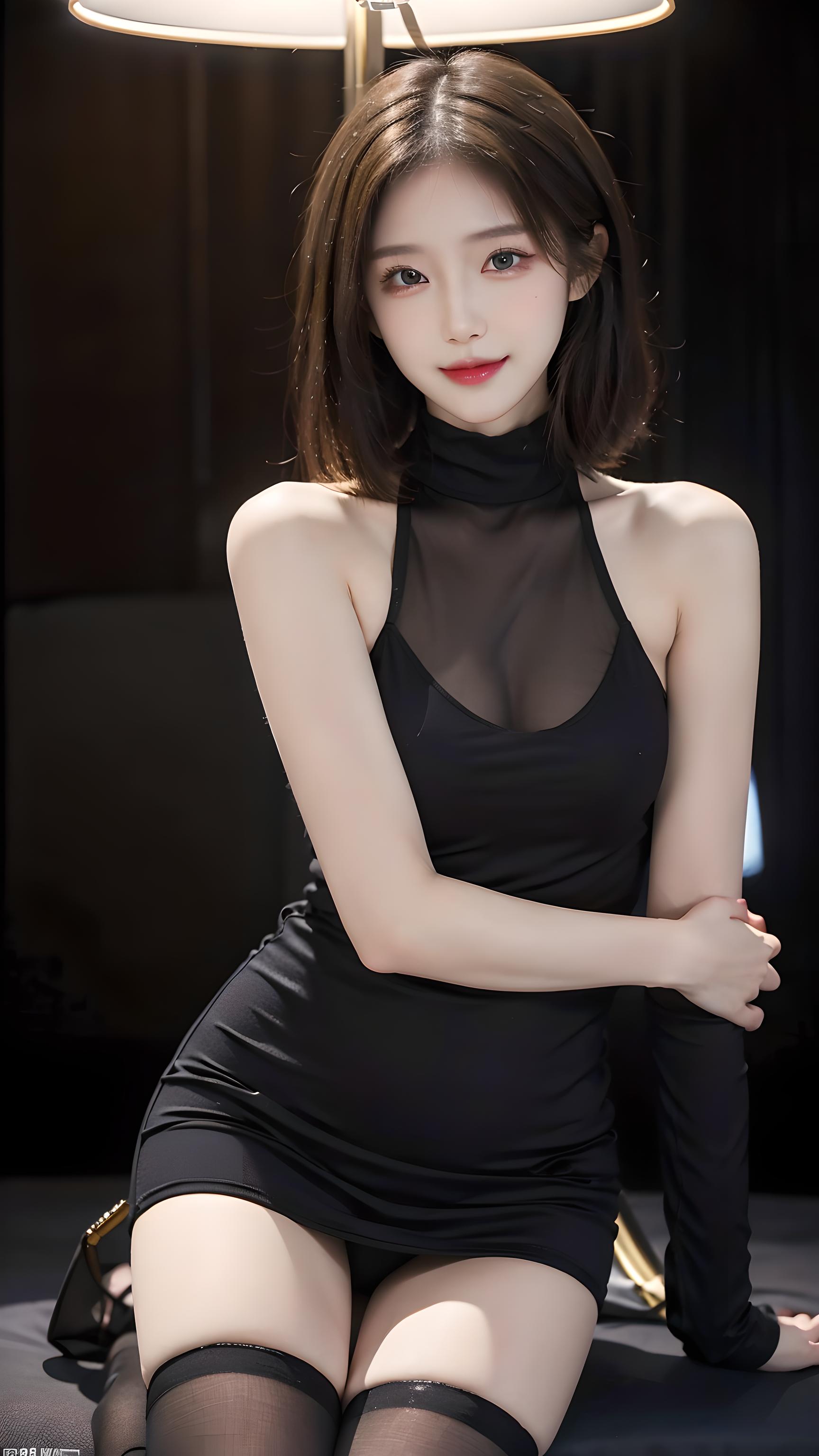 黑裙配黑丝美女