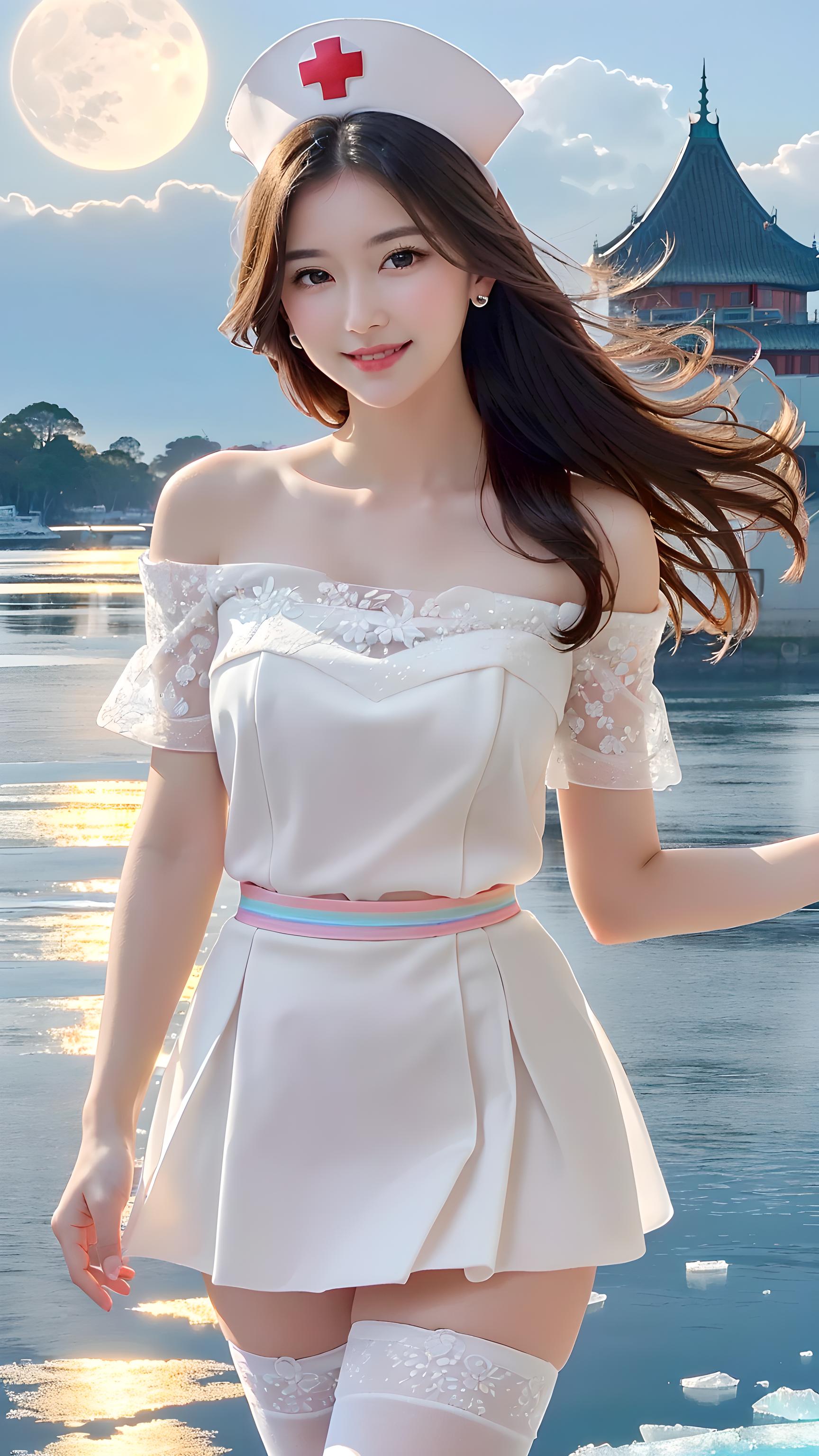 护士湖边旅游照