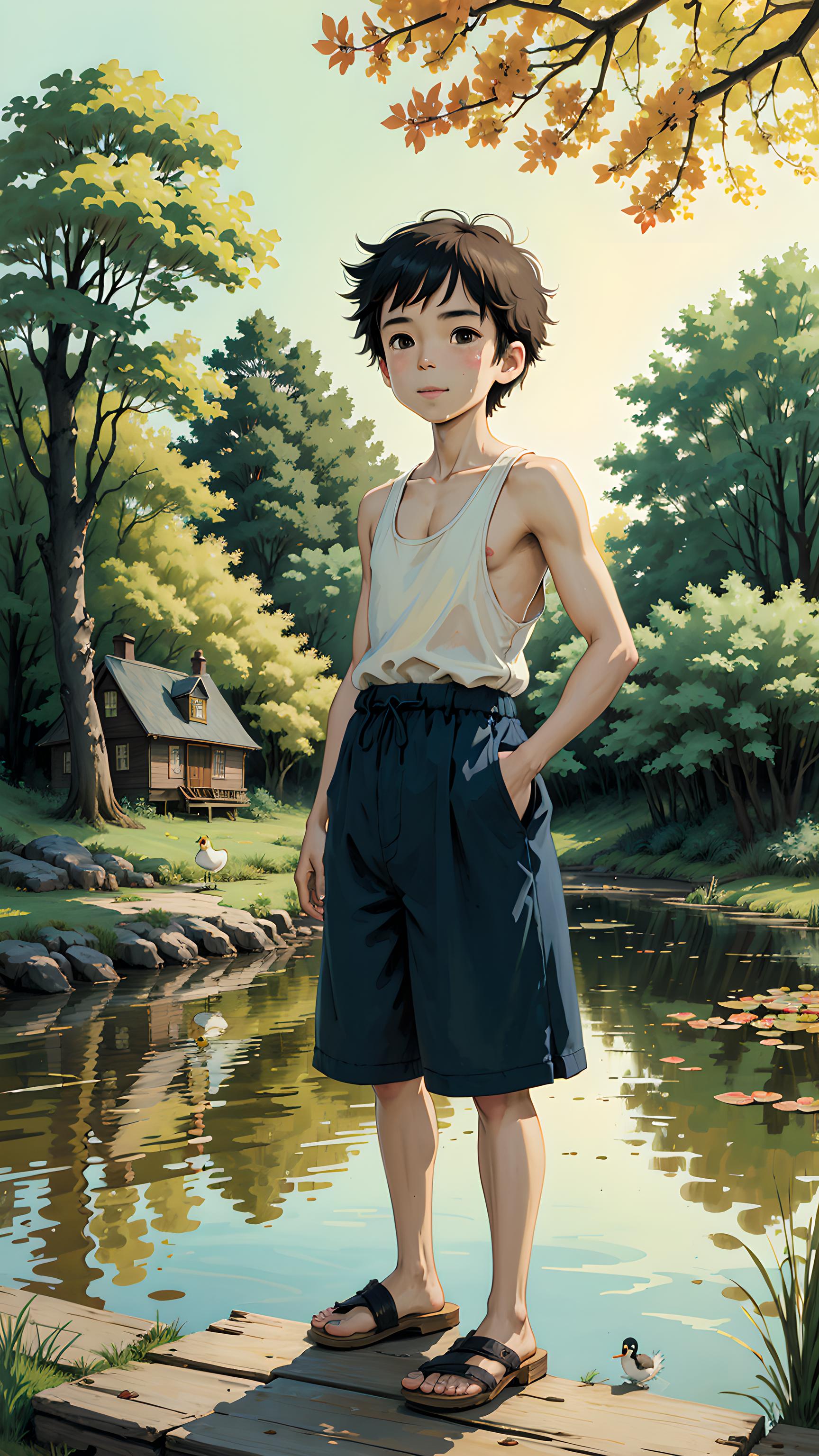 池塘边少年