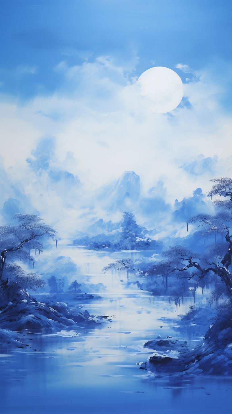 蓝色中国山水画