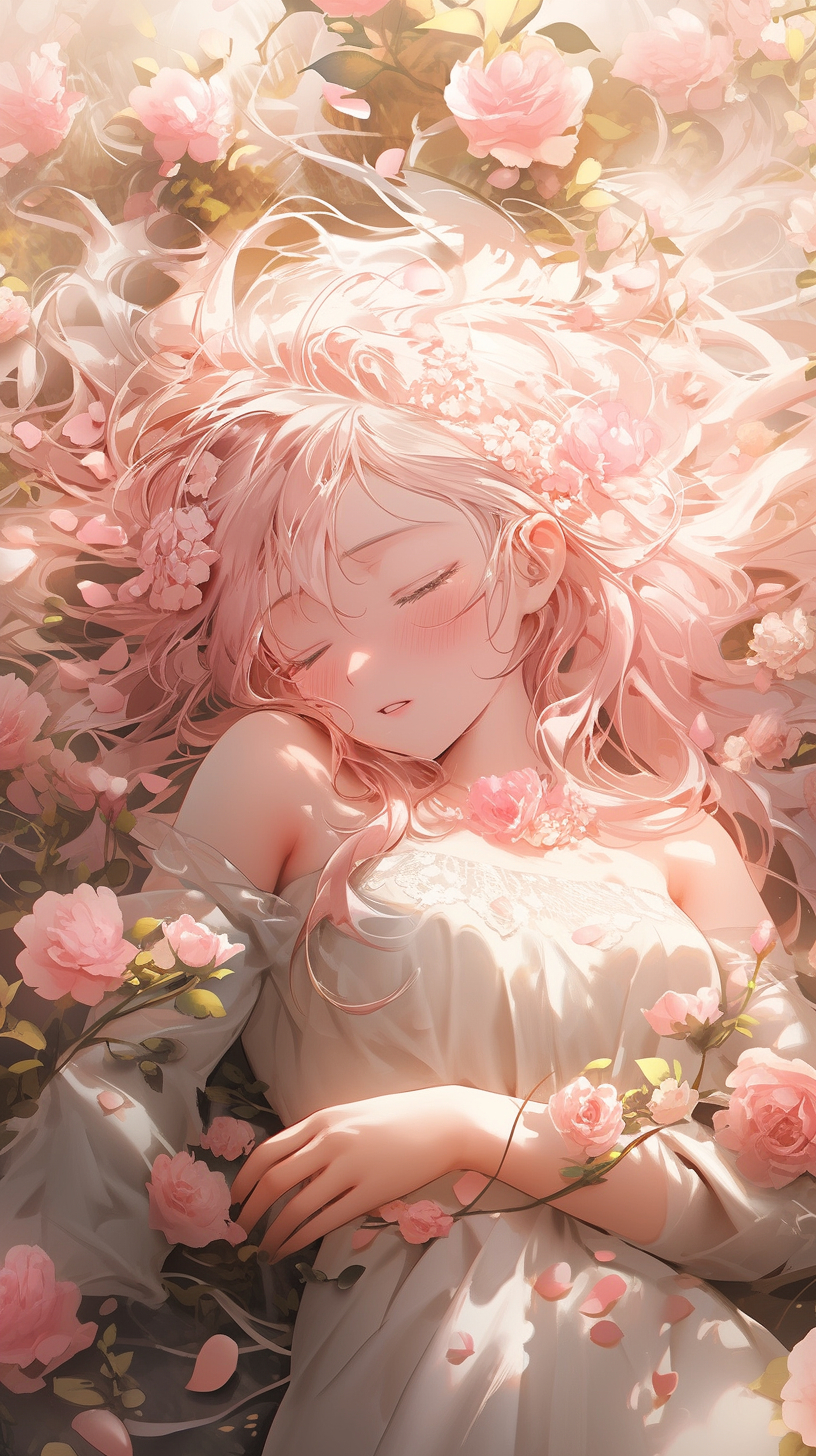 躺卧在玫瑰花丛中的少女