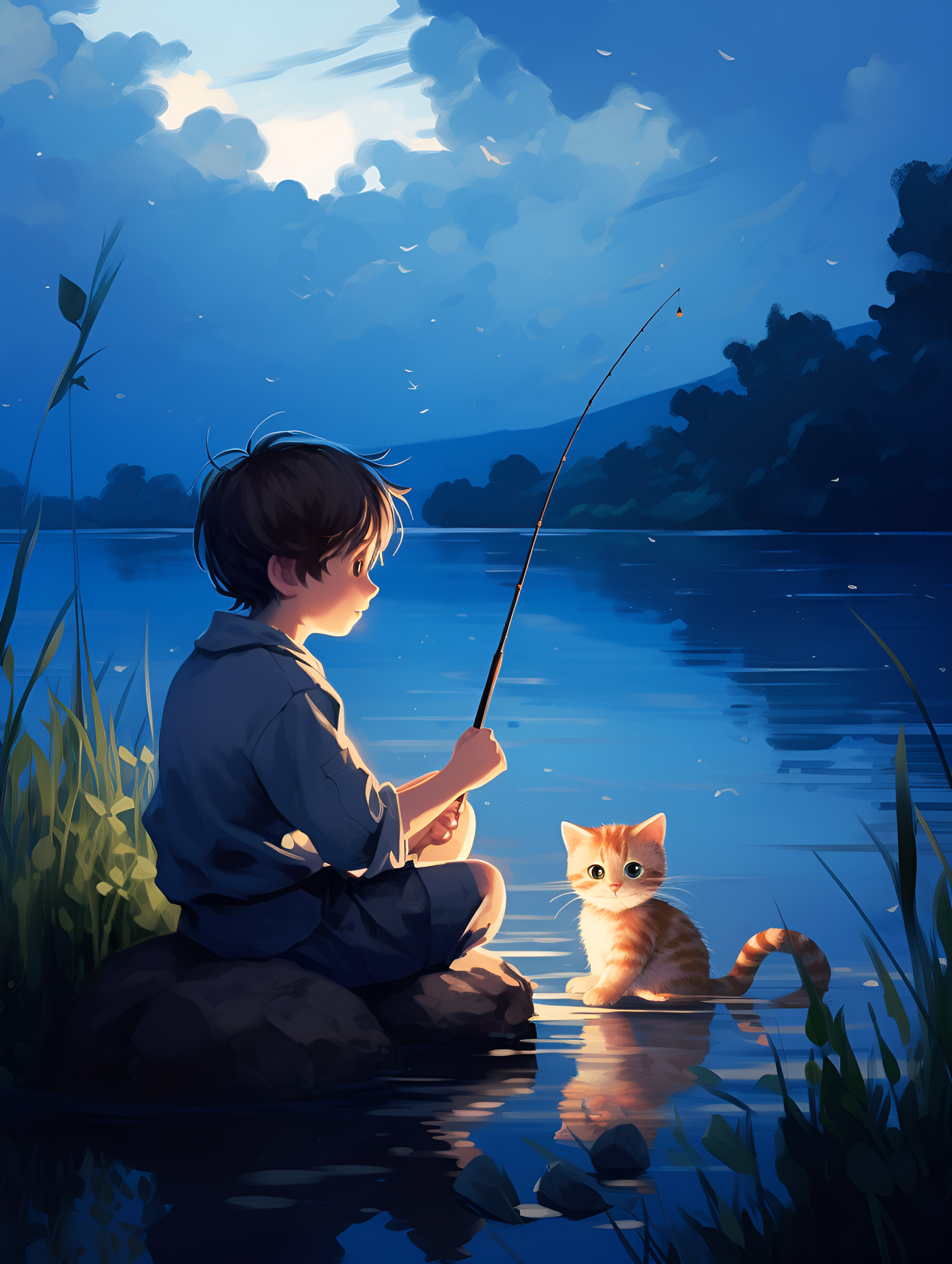 一个钓鱼的小男孩