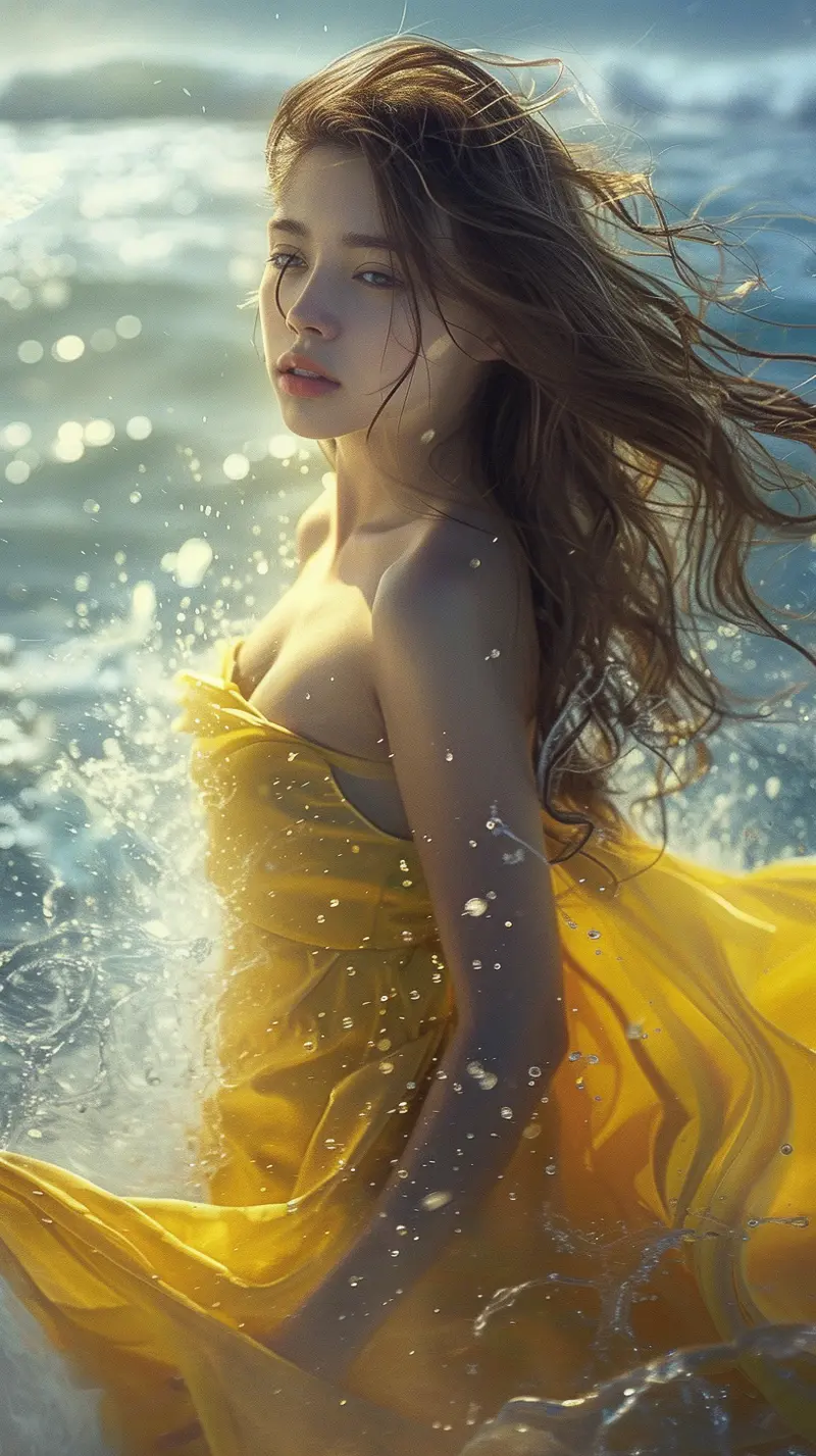 海边穿黄色连衣裙的女孩