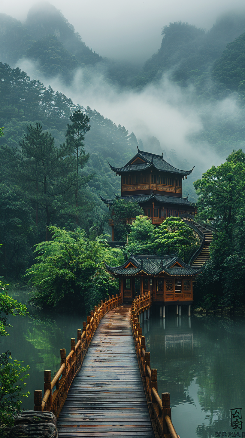 下雨，深山，小桥