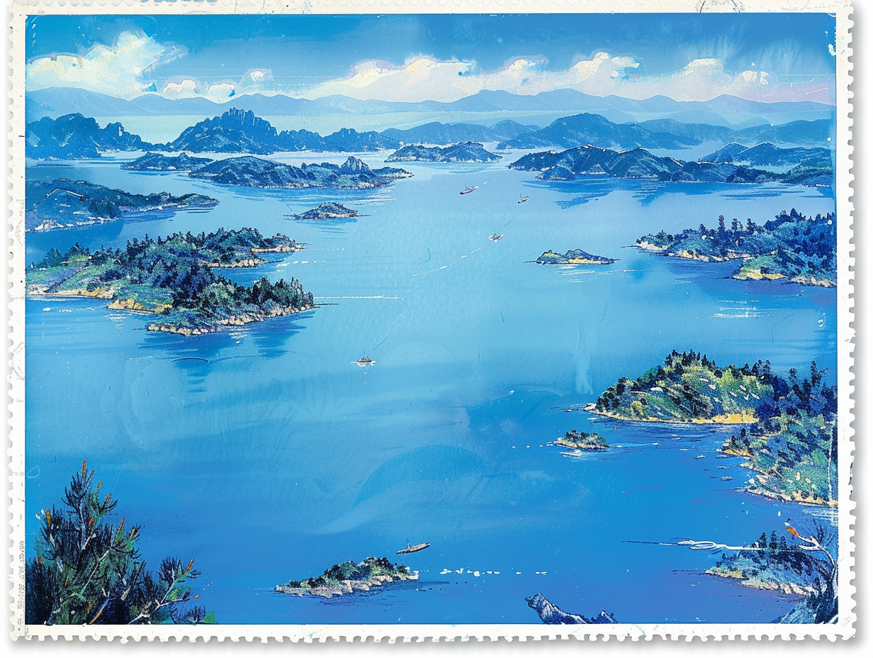油画风千岛湖风景邮票